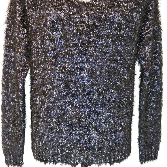 Color Block Blue Black Shimmer Mo Hair V-Neck Sweater SZ Small/Meduim - Picture 3 of 9